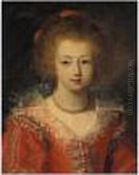 Portrait Of A Young Girl, Half Length, Wearing A Red Embroidered Dress And A White Ruff Oil Painting by Frans Pourbus the younger