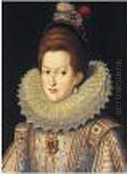 Portrait Of Margaret Of Austria, Half Length, Wearing A White Ruff Oil Painting by Frans Pourbus the younger