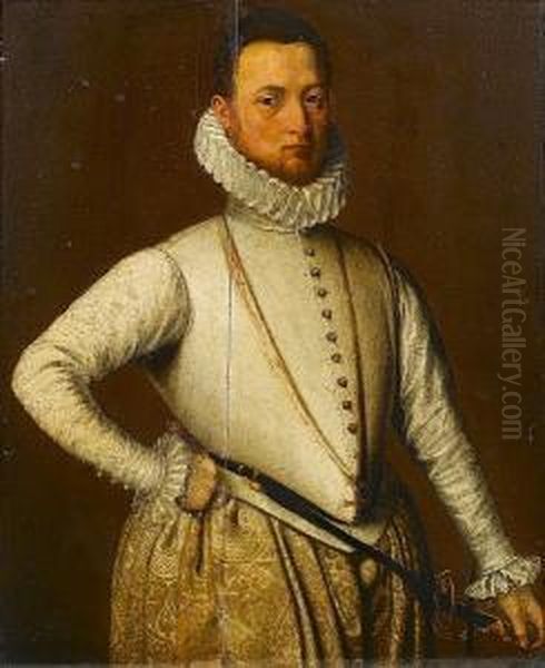 Portrait Of A Gentleman, 
Standing, Three-quarter-length, In A White Doublet And Gold Brocade Hose Oil Painting by Pieter Pourbus