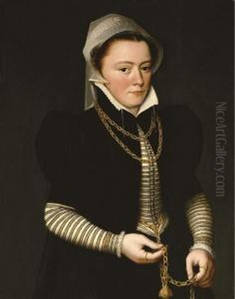 Portrait Of A Lady, 
Three-quarter Length, Wearing A Striped Bodice And Black Coat, Holding A
 Pomander On A Gold Chain Oil Painting by Pieter Pourbus