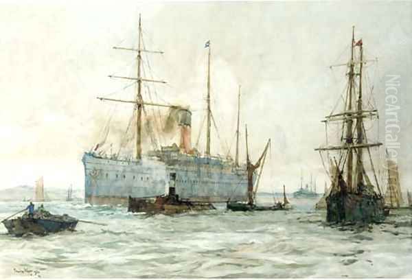 A steamer of the Castle Line on the Thames Oil Painting by Charles Edward Dixon