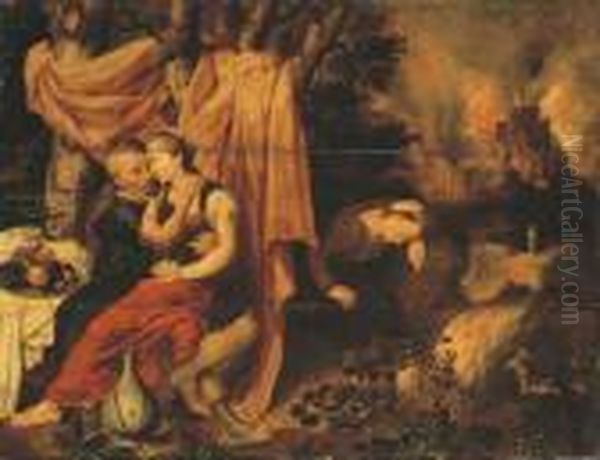 Lot And His Daughters, The Destruction Of Sodom And Gomorrahbeyond Oil Painting by Pieter Pourbus