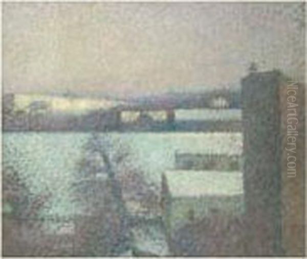 Maisons Au Bord De Saone En Hiver, Circa 1892-1896 Oil Painting by Leon Pourtau