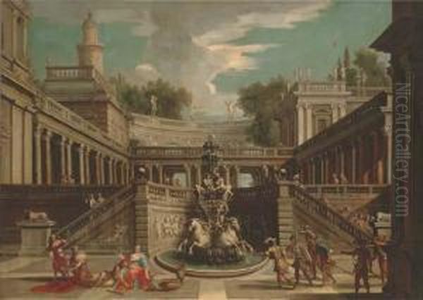 A Capriccio Of A Classical Palace With Samson And Delilah Oil Painting by Jean Lemaire