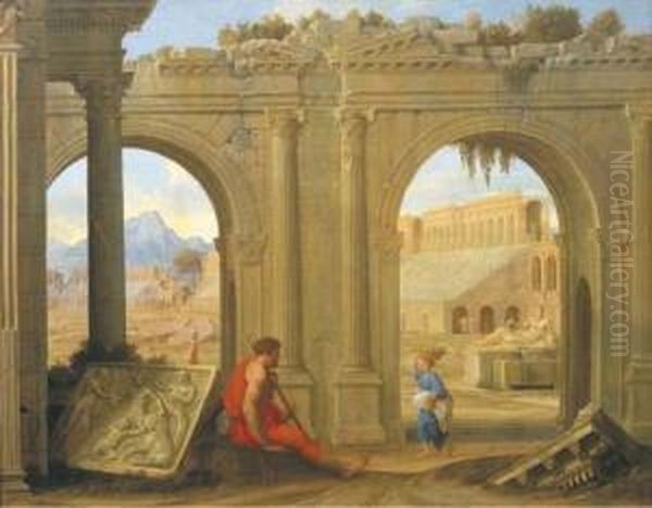 Figures Amongst Classical Architectural Ruins Oil Painting by Jean Lemaire