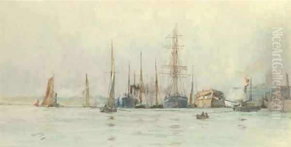 Hulks and other shipping moored at a wharf Oil Painting by Charles Edward Dixon