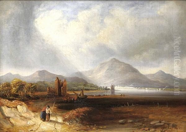 Figures In Highland Landscape Oil Painting by Alfred Powell