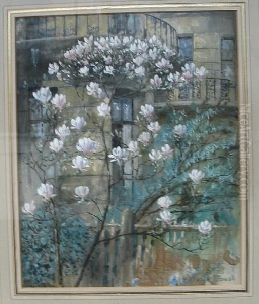 A Magnolia Bush In Flower, A Building Beyond Oil Painting by Alfred Powell