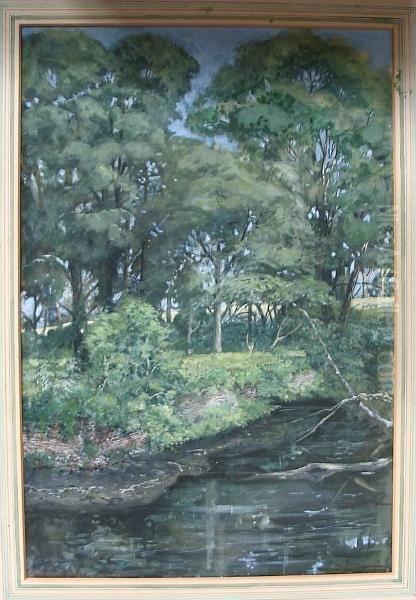 A River At Summer With A Tree Lined Bank Oil Painting by Alfred Powell