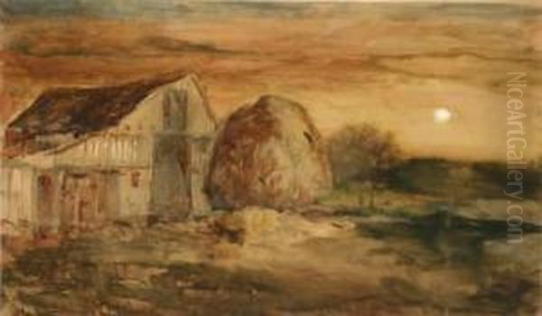 Moonlit Barnyard Scene Oil Painting by Lucien Whiting Powell