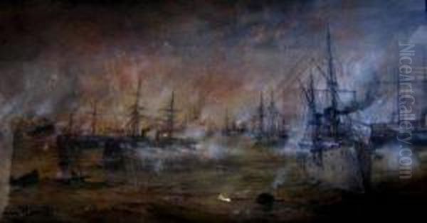 Naval Skirmish Oil Painting by Lucien Whiting Powell