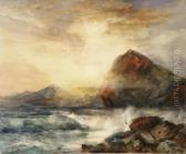 Crashing Waves On A Rocky Coast Oil Painting by Lucien Whiting Powell