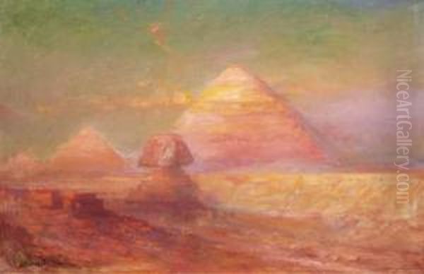 View Of The Sphinx And The Pyramids, Egypt Oil Painting by Lucien Whiting Powell