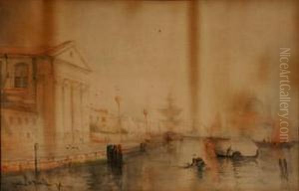 Venetian Canal Scene With A View Of The Dogana And Santamaria Della Salute by Lucien Whiting Powell