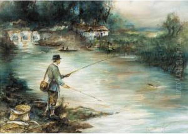 Fishing On The River Oil Painting by William E. Powell