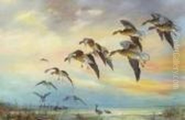 William E. Powell . Ducks Preparing To Land And Ducks Taking Flight Oil Painting by William E. Powell