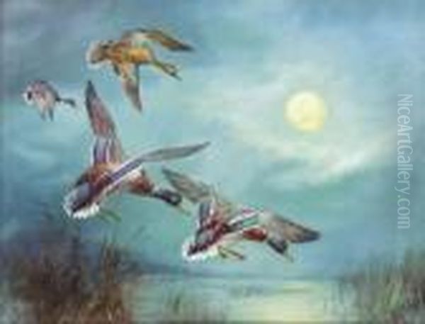 Mallards Landing By Moonlight Oil Painting by William E. Powell