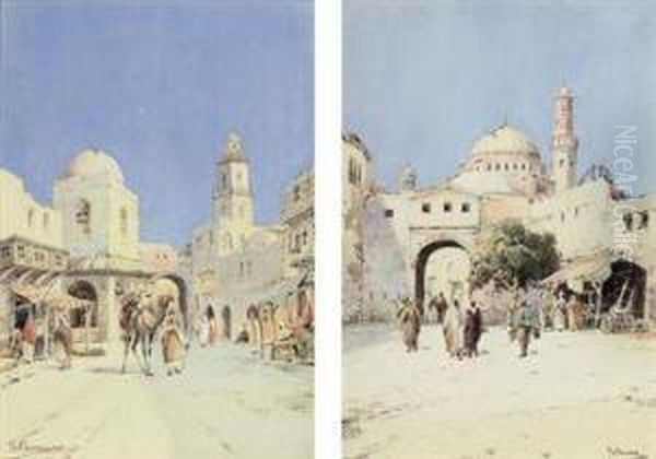 Cairo Market Scene; And At The Town Gates Oil Painting by Harold Septimus Power