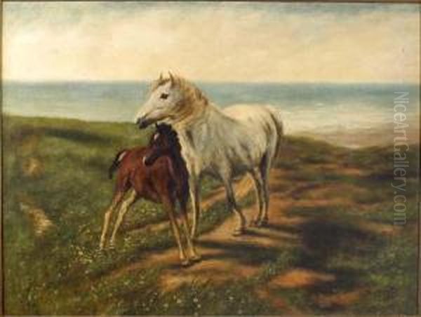 Mare And Foal On A Cliff Path by Harold Septimus Power