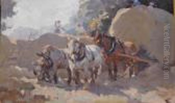 Hay Carting Oil On Board Signed Lower Left 35 By 55.5 Cm Oil Painting by Harold Septimus Power