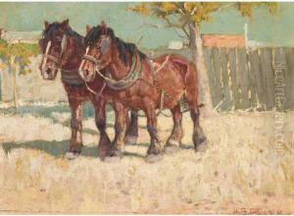 Draught Horses In Sunny Landscape by Harold Septimus Power