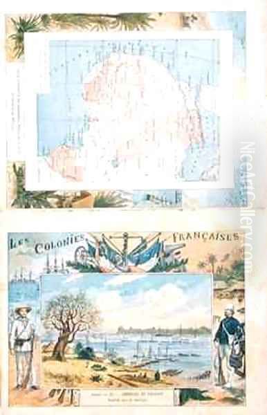 Map of French possessions and spheres of influence in Africa and a view of the river Senegal Oil Painting by G. Dascher