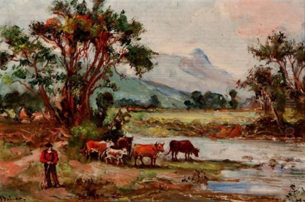 Vacas Abrevando En El Rio Oil Painting by Emilio Poy Dalmau