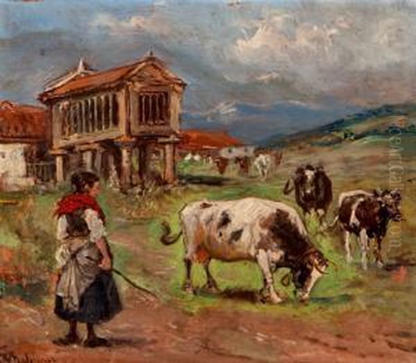 Paisaje Con Horreo, Vacas Y Campesina Oil Painting by Emilio Poy Dalmau