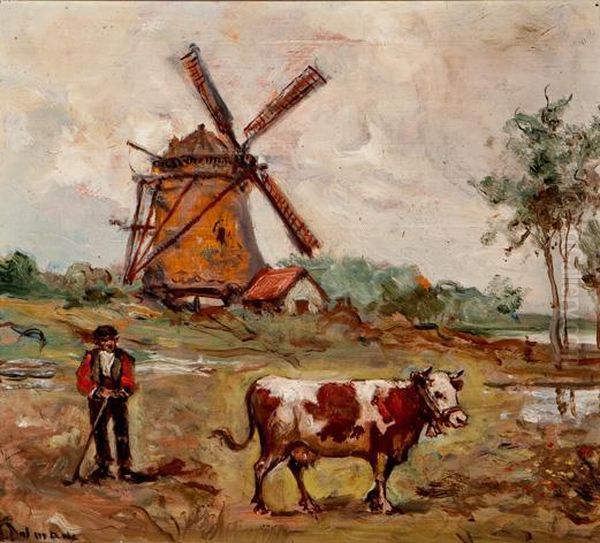 Paisaje Con Molino, Vaca Y Vaquero Oil Painting by Emilio Poy Dalmau