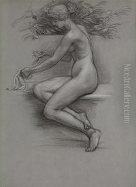 Study Of A Female Nude Seated On A Marble Ledge Oil Painting by Sir Edward John Poynter