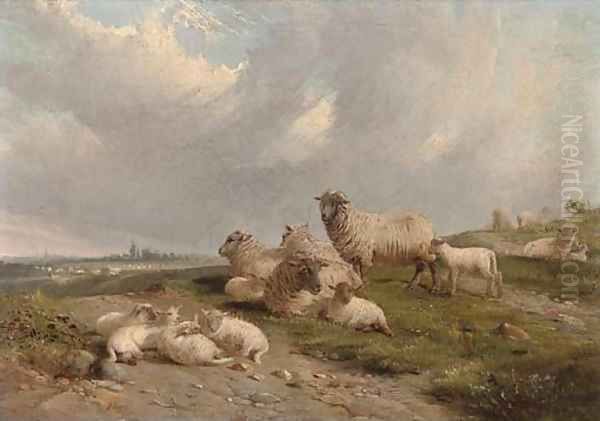 Sheep and lambs on a hillside Oil Painting by J. Duvall