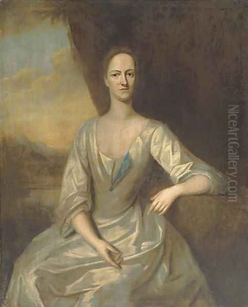 Portrait of Leonora Frederick, Mrs Romney Diggle, three-quarter-length, seated, in a white dress, her left arm resting on a plinth Oil Painting by Michael Dahl