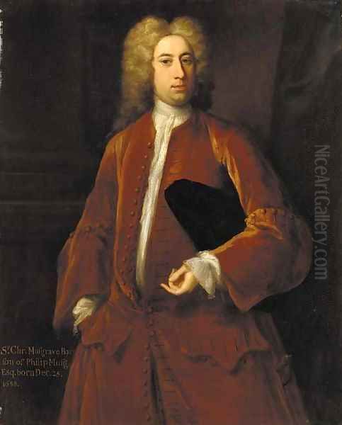 Portrait of Sir Charles Musgrave Bt. (b.1688), three-quarter-length, in a brown jacket and white shirt, holding a hat under his left arm Oil Painting by Michael Dahl