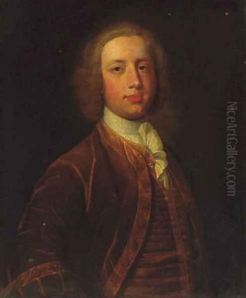 Portrait of a gentleman, half-length, in a brown coat and waistcoat and white stock Oil Painting by Michael Dahl