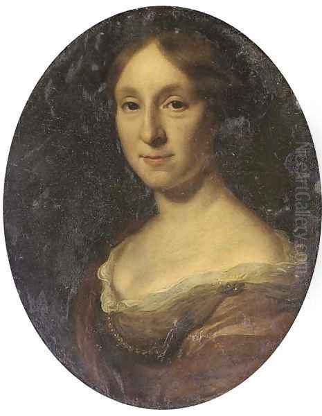 Portrait of a lady, bust-length, in a brown dress and pearl necklace Oil Painting by Michael Dahl