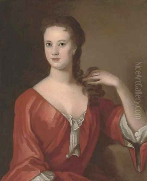 Portrait of a lady, seated half-length, in a red dress, her left arm resting on a ledge Oil Painting by Michael Dahl