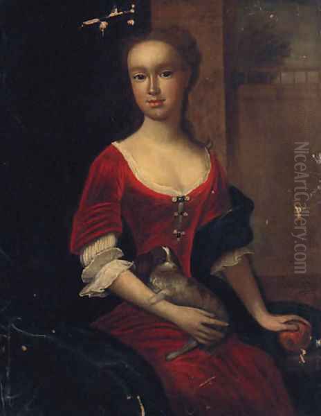 Portrait Of A Lady, Three-Quarter-Length, In A Red Dress And Blue Shawl, Resting Her Hand On An Orange, With A Spaniel On Her Lap Oil Painting by Michael Dahl