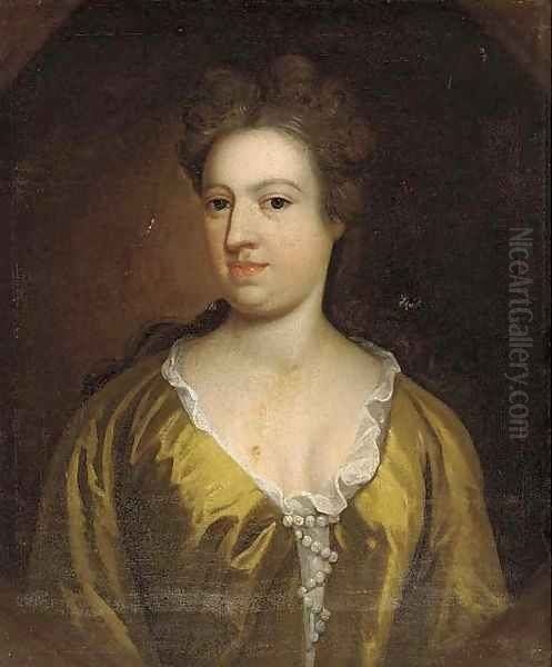 Portrait of a lady, bust-length, in a yellow dress, feigned oval Oil Painting by Michael Dahl