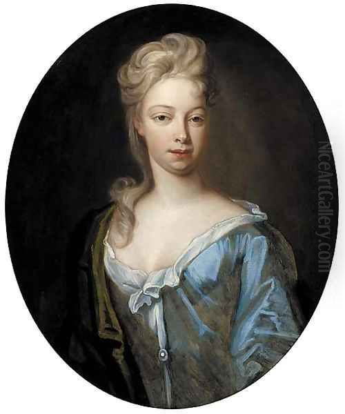 Portrait of a lady, quarter-length, in a blue dress and green wrap Oil Painting by Michael Dahl