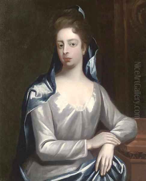 Portrait of Elizabeth Hervey, Countess of Bristol (D.1741), half-length, in a white dress and blue wrap, resting her arm on a plinth Oil Painting by Michael Dahl