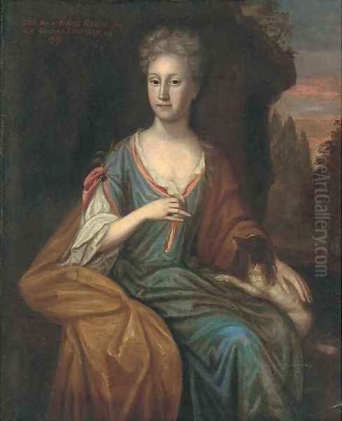 Portrait of Grace Rawson, seated three-quarter-length, in a blue dress, a dog on her knee Oil Painting by Michael Dahl