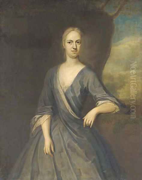 Portrait of Mary Frederick, Mrs Powell, three-quarter-length, in a blue dress, her left arm on a plinth, with a landscape beyond by Michael Dahl