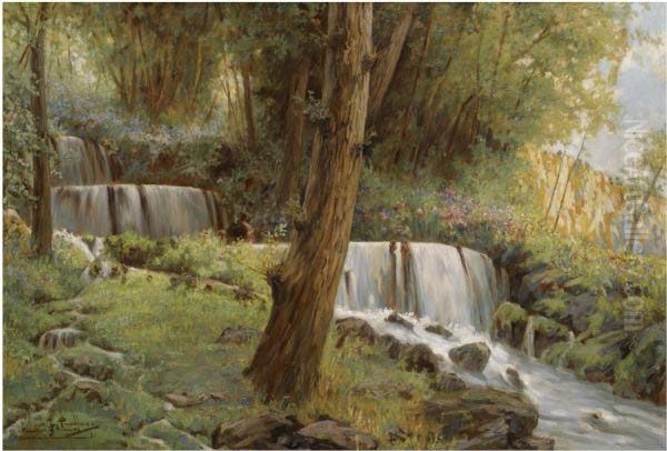 Cascada De Los Fresnos (waterfall At Los Fresnos) Oil Painting by Francisco Pradilla y Ortiz