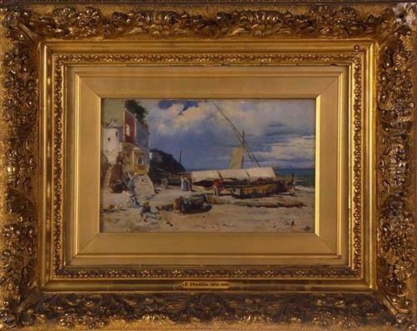 Scorcio Di Capri Con Barche E Pescatori Oil Painting by Francisco Pradilla y Ortiz