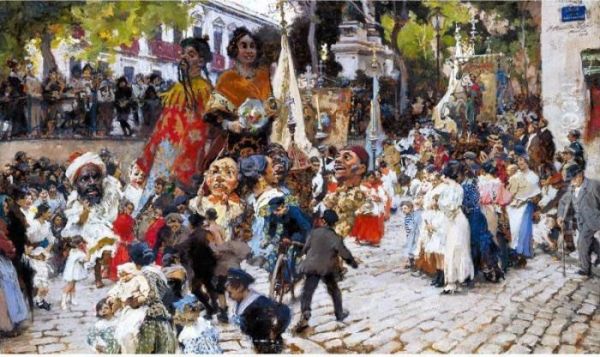 Procesion De Santiago Apostol, Madrid (procession Of Saint James The Apostle, Madrid) Oil Painting by Francisco Pradilla y Ortiz