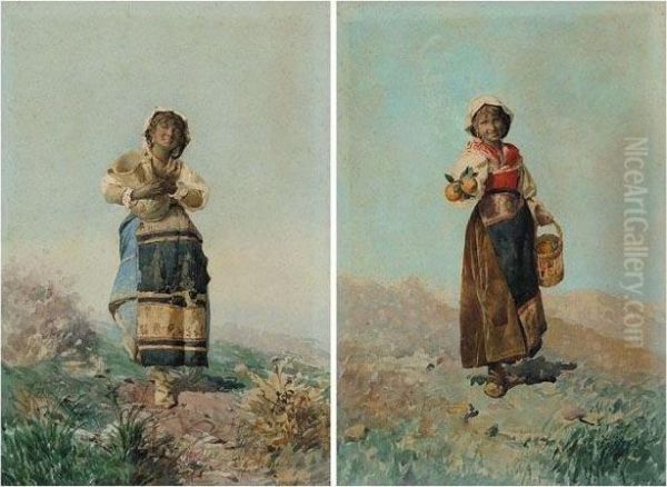 Ninas Napolitanas (neapolitan Girls), A Pair Oil Painting by Francisco Pradilla y Ortiz