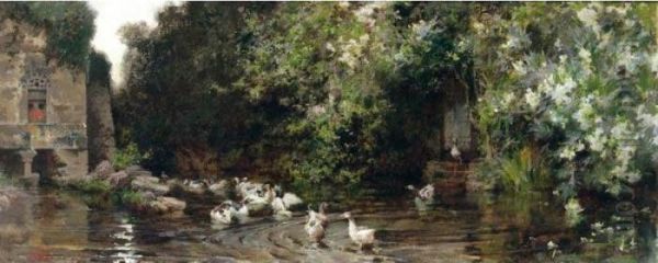 Patos En Un Estanque (ducks On A Pond) Oil Painting by Francisco Pradilla y Ortiz