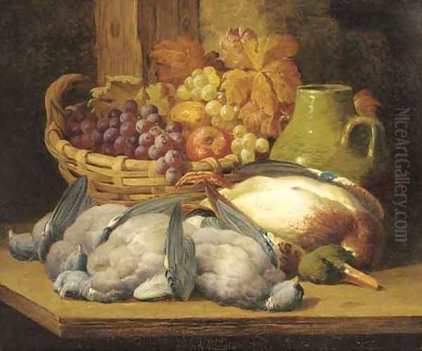 Dead game, grapes and apples in a wicker basket Oil Painting by William Duffield