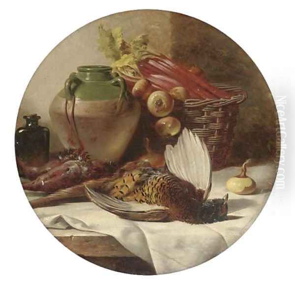 A pheasant, onions, rhubarb in a basket Oil Painting by William Duffield