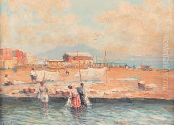 Spiaggia Di Napoli Con Lavandaie Oil Painting by Ada Pratella